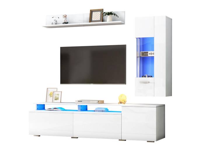 Flieks Tv-Wohnwand 3-teilig LED Hochglanz Vitrine Weiß, Glas, 180x45x40 cm, Wohnzimmer, Wohnwände