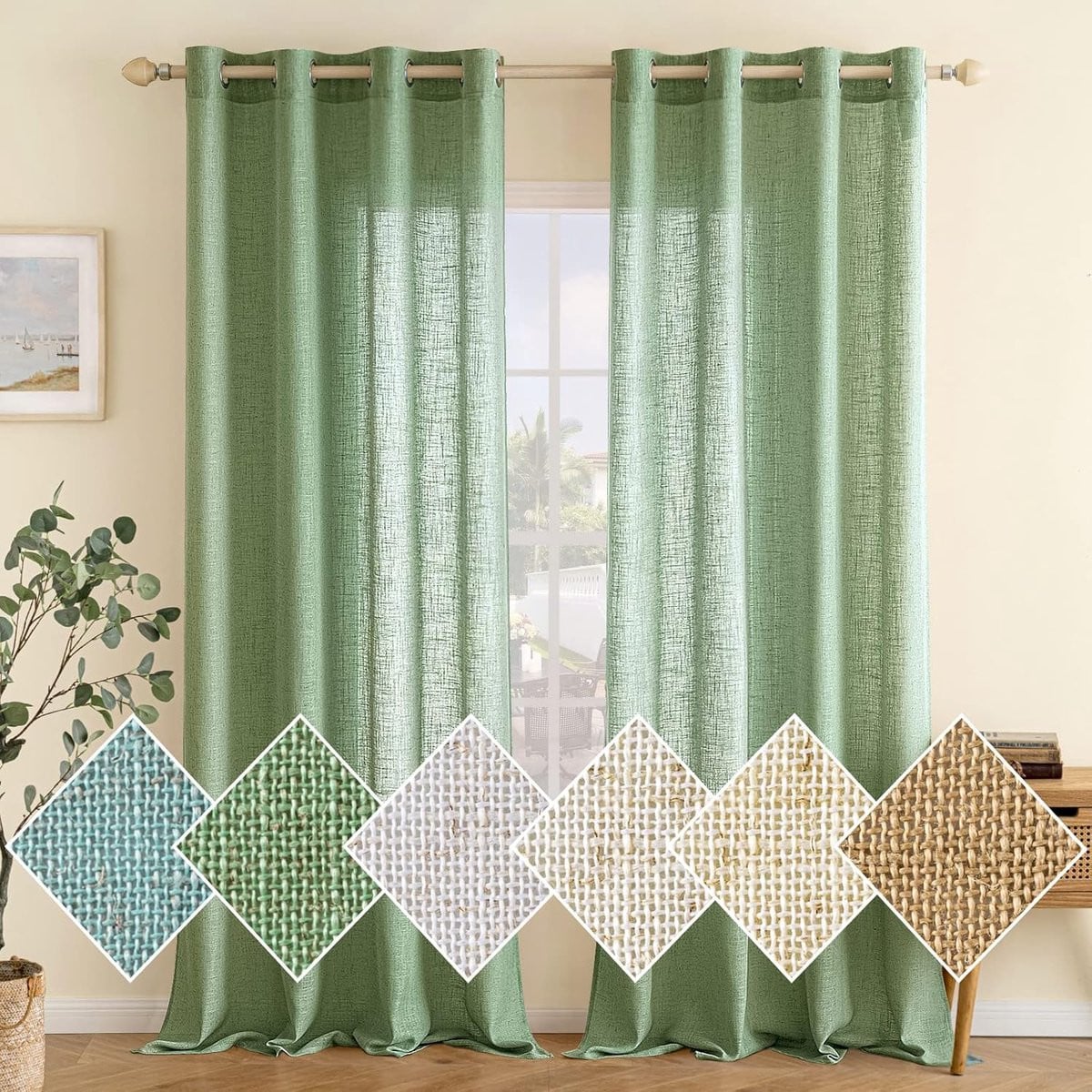 Set van 2 groene linnen gordijnen, Breedte: 140 cm, Hoogte: 160 cm