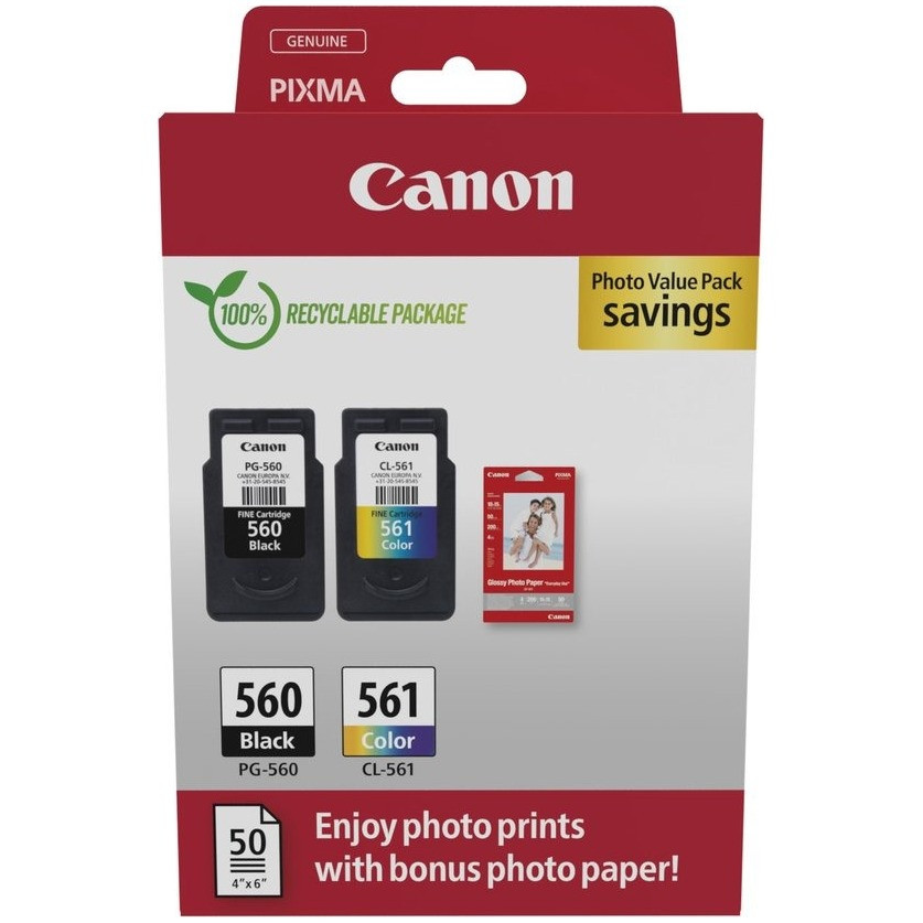 Canon PG-560 en CL-561 Inktcartridges met GP-501 Fotopapier voor Canon Pixma Inkjetprinters, Zwart en Multicolor