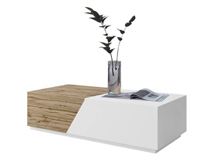 Mirjan24 Ausziehbarer Couchtisch Nesezi mit Stauraum (Wotan/Weiß) Rechteckiger Wohnzimmertisch mit getrennten Staufächern, Kugelführungen und Antirutschfüßen, B/H/T: 124/42/60 cm