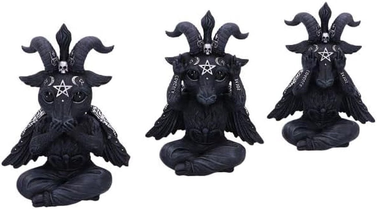 Handgeschilderd Baphomet Beeldje Drie Wijze Baphoboo Decoratie Zwart Hoogte: 13.5 cm