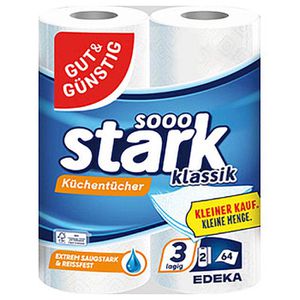 Gut&Günstig Küchenrolle sooo stark klassik, 3-lagig, 64 Blatt je Rolle, Zellstoff, saugstark & reißfest, 2 Rollen