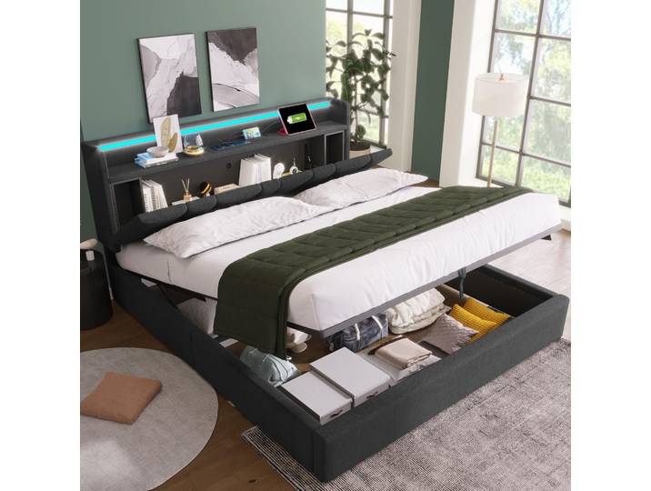 STILVORA Doppelbett 140x190cm mit aufladen USB Ladefunktion Stauraum-Kopfteil,Polsterbett mit LED-Beleuchtung,Stauraumbett mit Stauraumbetten,Bettgestell,Grau (Ohne Matratze)