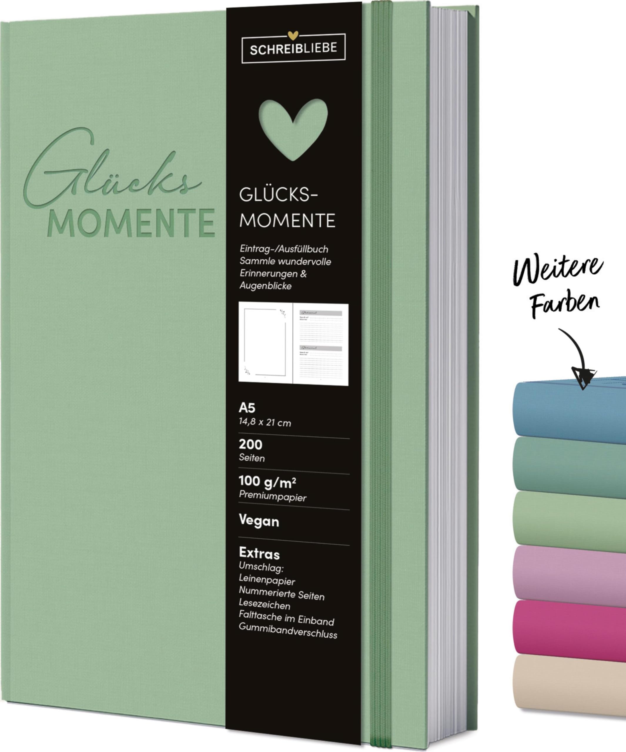 Glücksmomente Mint: Notizbuch A5, liniert, Ausfüllbuch mit Lesebändchen, Zetteltasche und Gummiband, 200 Seiten - SchreibLiebe - Preis vom 30.09.2026 22:30:23 h
