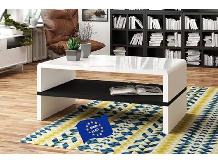 Mazzoni Rock Couchtisch Weiß Hochglanz/Schwarz matt 110x60cm mit praktischer extra Ablage modern stabil Wohnzimmertisch Beistelltisch Sofatisch Zeitloses Design platzsparend Wohnzimmer kleine Räume