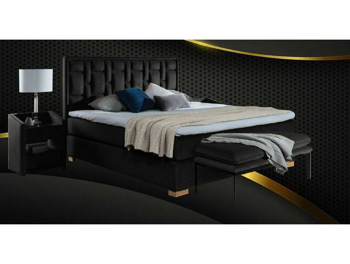 JVmoebel Boxspringbett Schwarzes Boxspringbett mit blauen Akzenten und hohem Kopfteil (1-St)