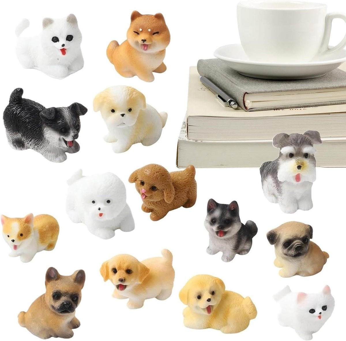 Set van 14 fijn gedetailleerde honden beeldjes voor decoratie in meerdere kleuren