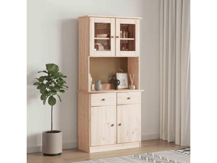 HEFZGDB Rustikales Highboard aus Massivholz Kiefer mit Glastüren, Schubladen und Mehreren Böden für Ihr Wohnzimmer