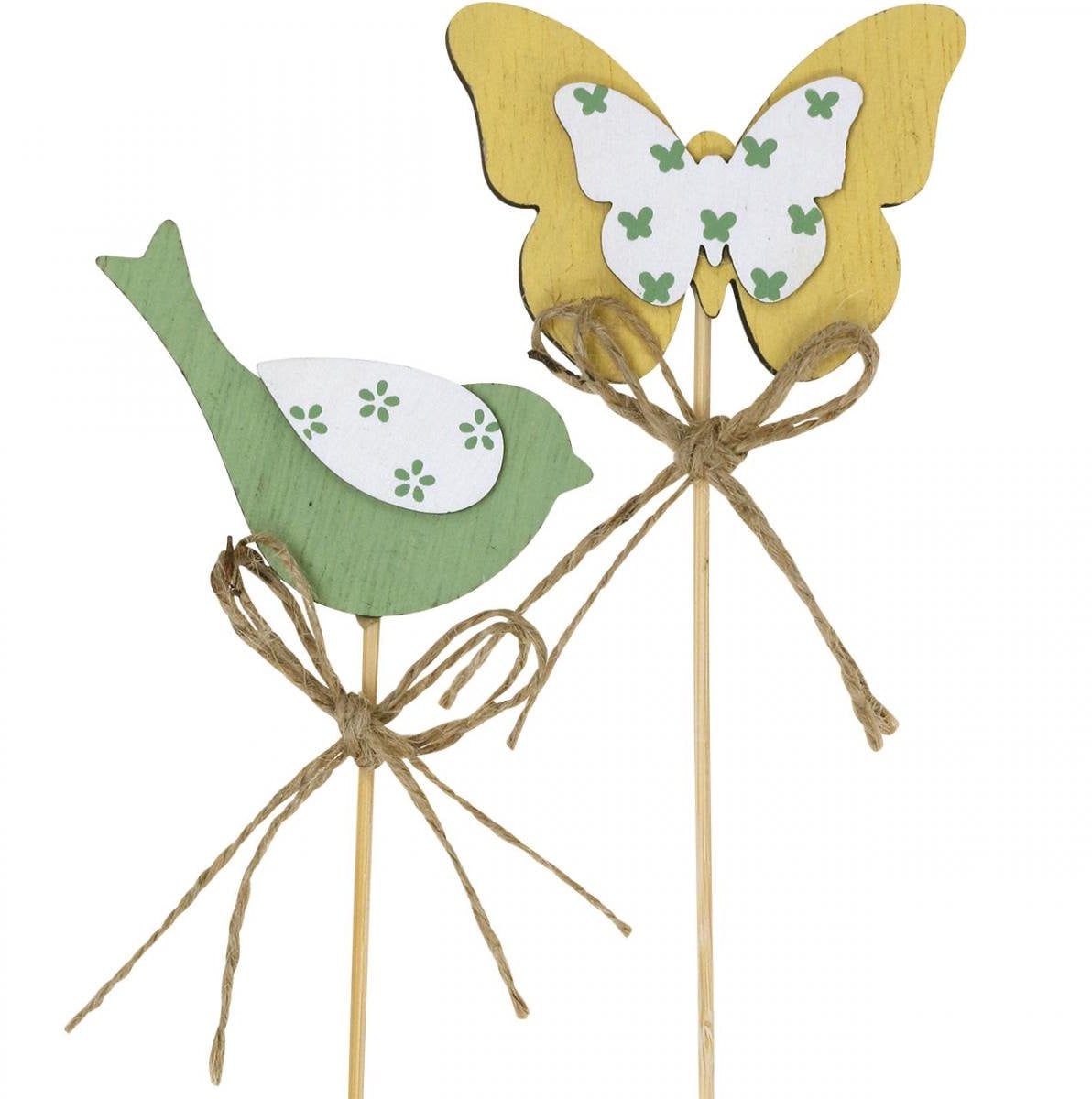VIANA Houten decoratie plug met vogel en vlinder voor in planten of als tafeldecoratie