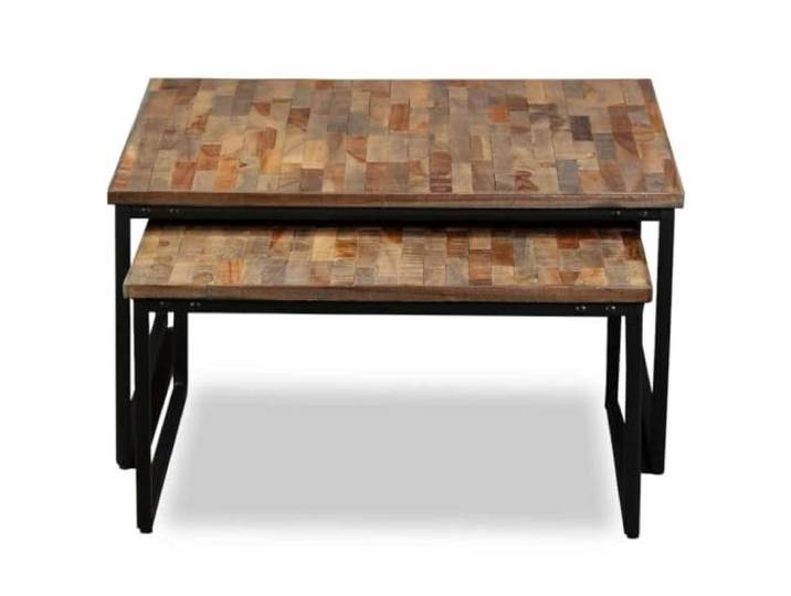 Ausziehbarer Couchtisch aus recyceltem Teak, Set mit 2 Beistelltischen, Stil
