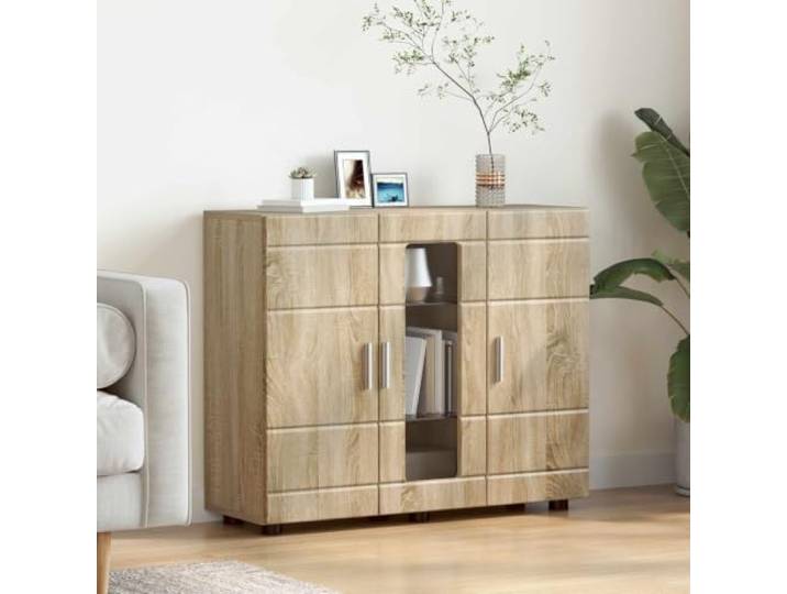 ZXQVLMRS Sideboard Sonoma-Eiche Holzwerkstoff Kommode 3 Türen 2 Schubladen Mattiertes Design, Viel Stauraum, Modernes Wohnmöbel, Für Innenräume
