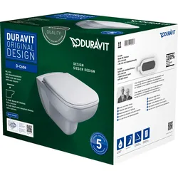 Duravit D-Code Wand-WC Set, wandhängend, Tiefspüler, Rimless, inklusive WC-Sitz mit Absenkautomatik, 355×545×360mm, 45700900A1