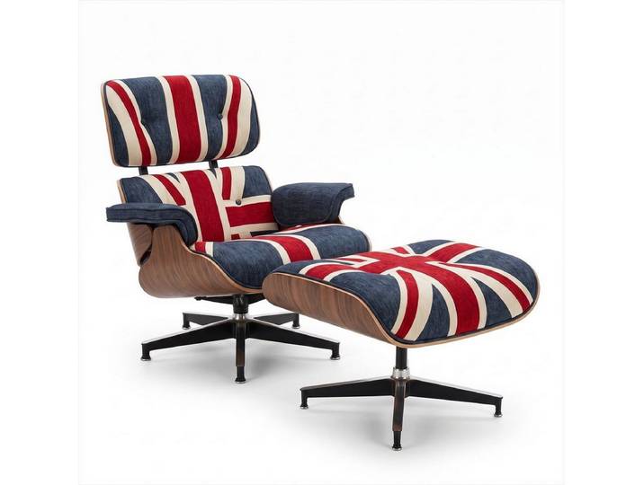 JVmoebel Loungesessel Loungesessel Hocker British Style Vintage Drehfuß Design Union Jack (Loungesessel mit Hocker, 2-St., 2-tlg), Britische Flagge Design