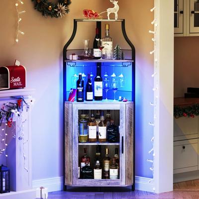 Garvee Corner Bar Cabinet with LED Lights, Industrial Liquor Cabinet with Adjustable Shelf, 5-Tier Industrial Wine Cabinet