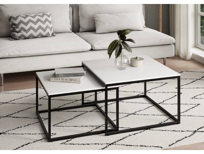 Tables gigognes style loft - Lot de 2 tables basses carrées - Tables de salon - Structure métal noir - Blanc