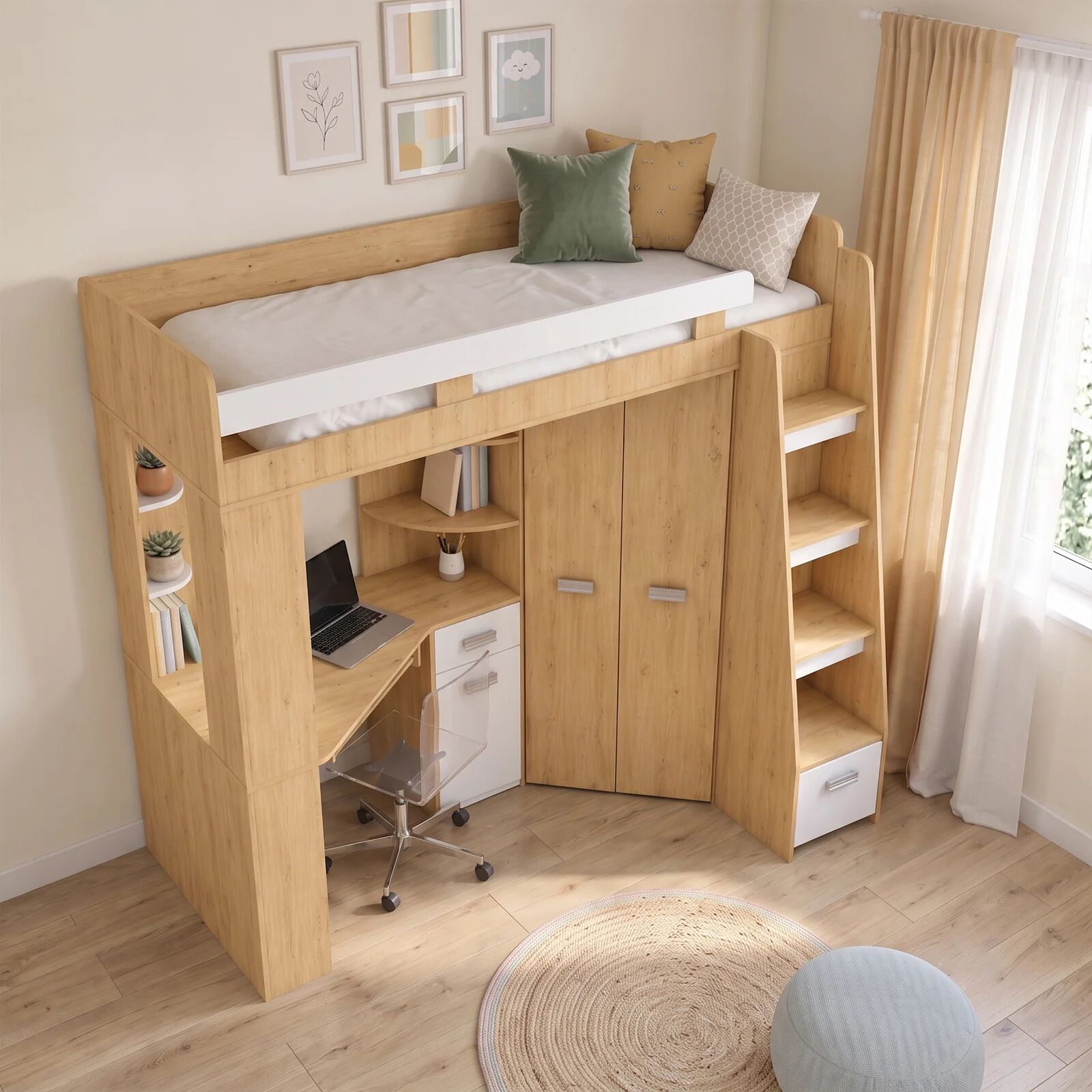 garneroarredamenti Cameretta 204x120cm completa destra 1 letto singolo quercia bianco Dollie Gihome®