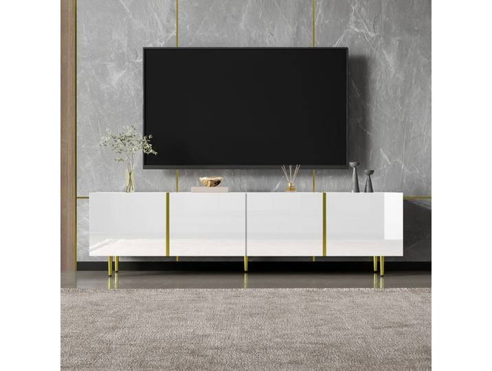 Meuble TV blanc laqué haut de gamme 4 portes design moderne et simple
