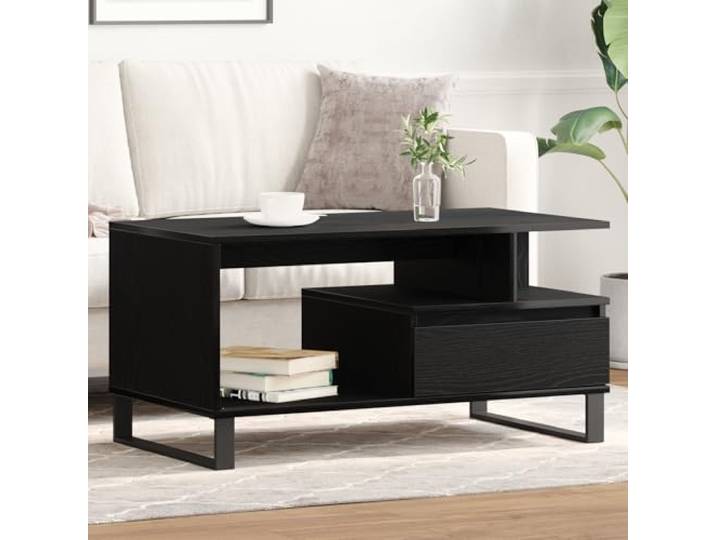 HEFZGDB Couchtisch Schwarz Eiche 90x49x45 cm Holzwerkstoff mit Regalen und geräumiger Oberfläche für Moderne Wohnräume, minimalistisches Design, Stabiler Aufbewahrungstisch.