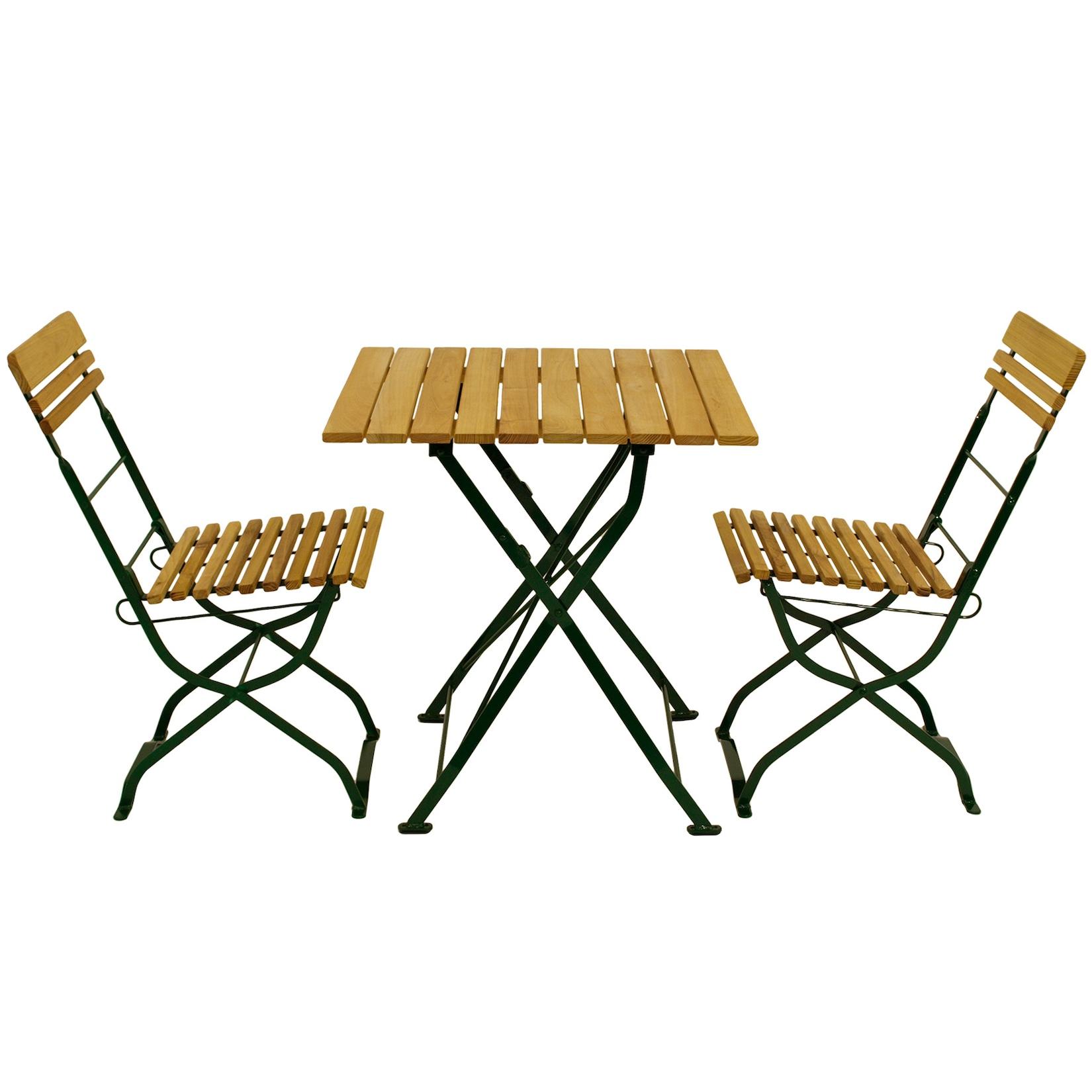 Biergarten - Garnitur MÜNCHEN 3-teilig (2x Stuhl, 1x Tisch 70x70cm), Flachstahl grün + Robinie