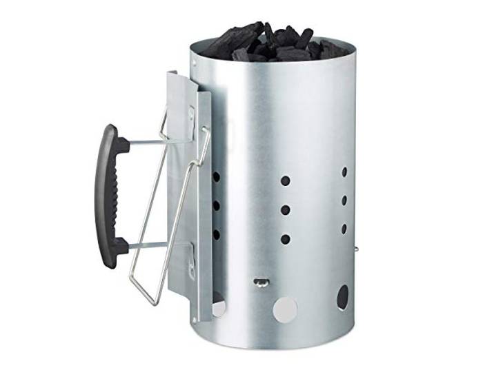 Relaxdays brikettenstarter XL, van staal, H x Ø: 30 x 19 cm, bbq starter met veiligheidshandgreep, houtskool, zilver
