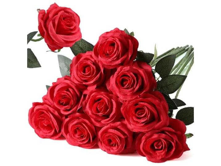 Nubry Kunstmatige Zijde Roos Bloem Enkele Stam Levensechte Nep Roos voor Bruiloft Boeket Bloemenarrangementen Huis Feest Bloemstuk Decoratie, 10 stuks (Rood)