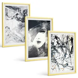 BILDER SET 3er Set - 40x60 cm Goldrahmen - Abstrakte schwarz-weiße Muster