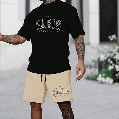 Herren Paris 2St T-Shirts-Sets Sommeroberteile Kurzarm Kurze Hosen Rundhalsausschnitt Sport Lässig Outdoor Urlaub Sport 3D-Druck Sommer Schwarz