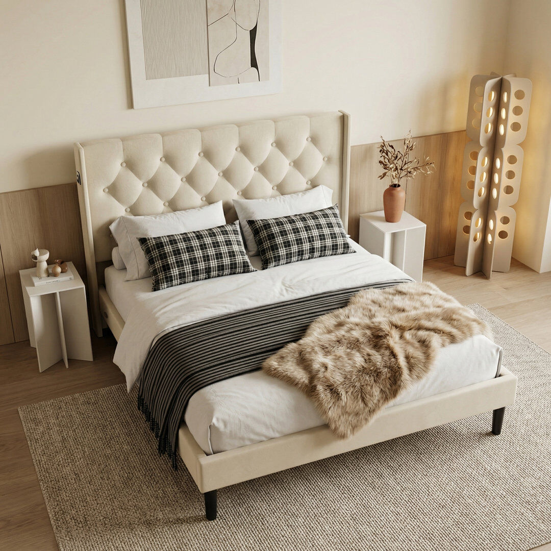 Rosalind Wheeler Upholstered Velvet Platform Bed White Double (4'6)