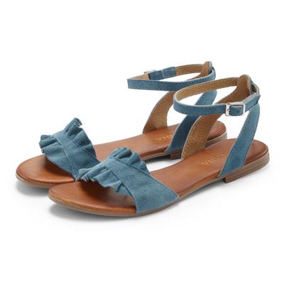 Sandale LASCANA "offener Schuh", Damen, Gr. 44, Schweinsleder, blau (jeansblau), Obermaterial: 100% Ziegenleder. Decksohle: 100% Rindsleder. Futter: 100% Schweinsleder. Laufsohle: 100% Synthetik, unifarben, Schuhe Sandale, Sandalette, Sommerschuh...