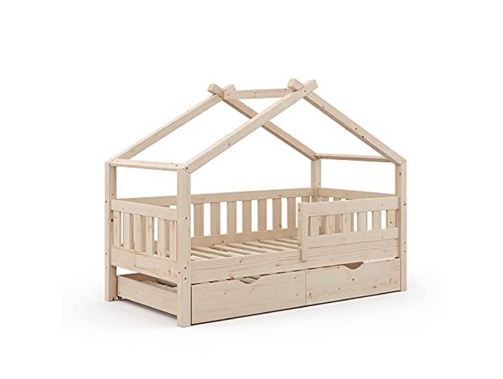 VitaliSpa Hausbett Design, Naturholz, 80x160 cm mit Gästebett, geeignet als Spiel- und Schlafbereich für Kinder