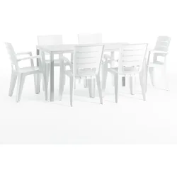 RATTATAN Gartenset mit Tisch und 6 Stühlen, rechteckiger Tisch mit Stahlgestell und stapelbaren Stühlen aus Harz mit Armlehnen –Thomas+Anita/Weiß