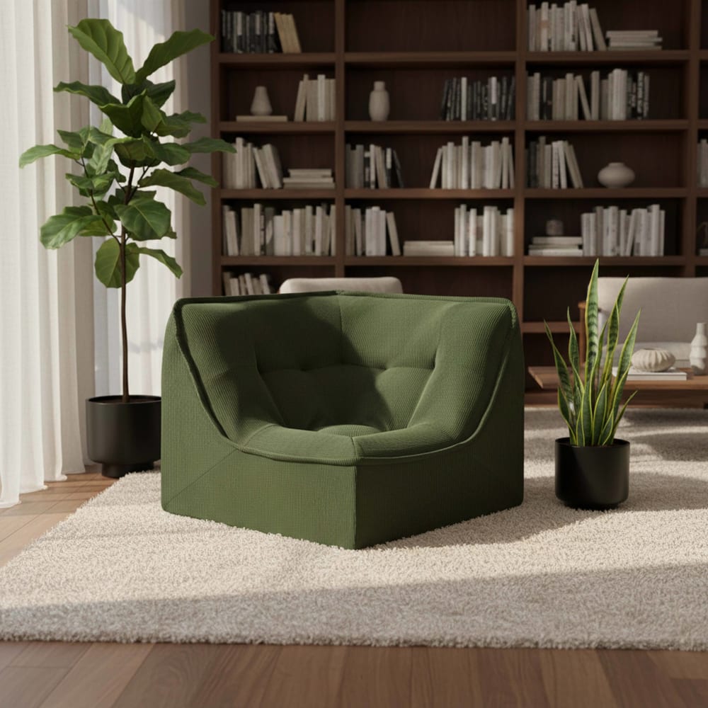 Oviala Fauteuil d'angle compressé velours côtelé type chauffeuse 90 cm vert Vert 90x70x90cm