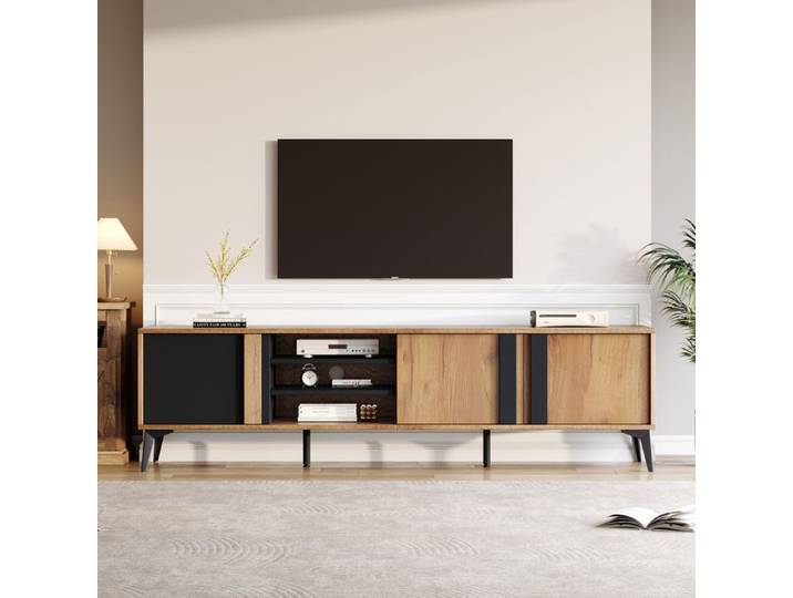 Meuble TV Moderne Bois Brun - 3 Portes 4 Étages Ouverts Compatible TV 85  180x40x50cm