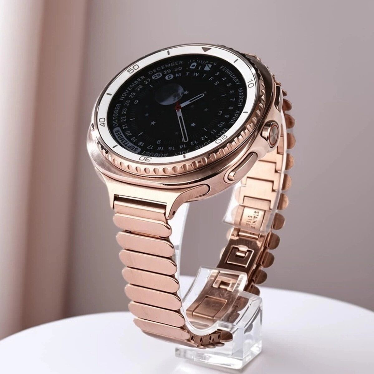 INF Edelstahl-Armband kompatibel mit Samsung Watch8 — Ovales Einzellink-Design mit Butterfly-Verschluss, 14mm Interface, 18.2cm Roségold