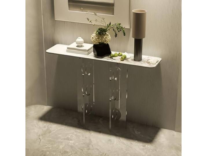 Schmale Konsolentabelle für Eingang und Sofa Halbmondkante und Acrylbeinen Gesinterte Steinplatte, schmales Design, moderne Dekoration