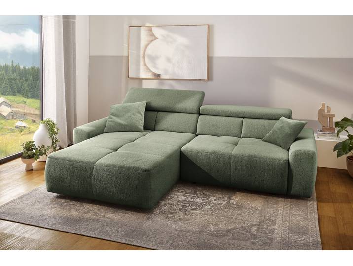 Ecksofa JOCKENHÖFER GRUPPE Unos L-Form, B: 299 cm, mit 60 cm elektr. Sitztiefenverstellung , grün (salbei, grün), B:299cm T:211cm, Korpus: 100% Polyester;Kissen: 100% Polyester, Sofas, Ecksofa, 140kg Belastbarkeit, USB-Anschluss, Kopfteilverstellung & Zierkissen