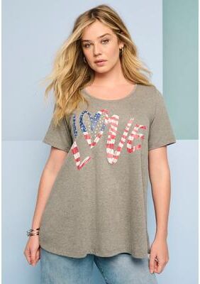 Plus Size Women's American Graphic Swing Tee by Roaman's in Heather Grey Americana Love (Size 18/20)