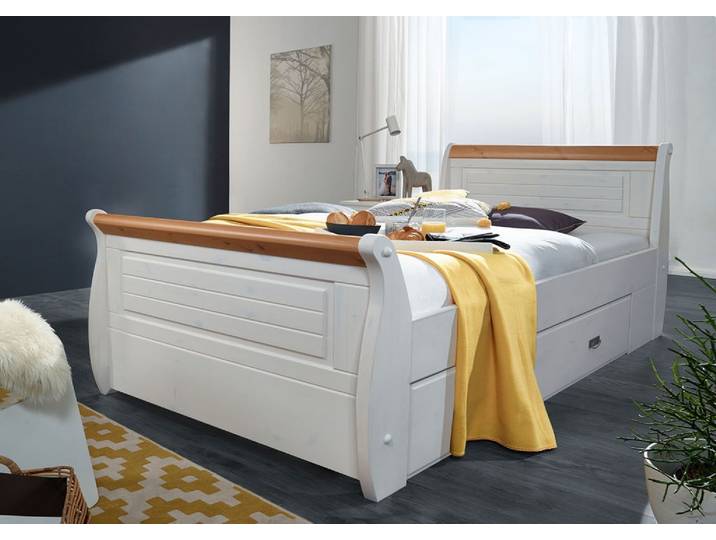 Bett mit Bettkasten 100x200cm 'Mailand-Honig' Kiefer weiß SZ-0132