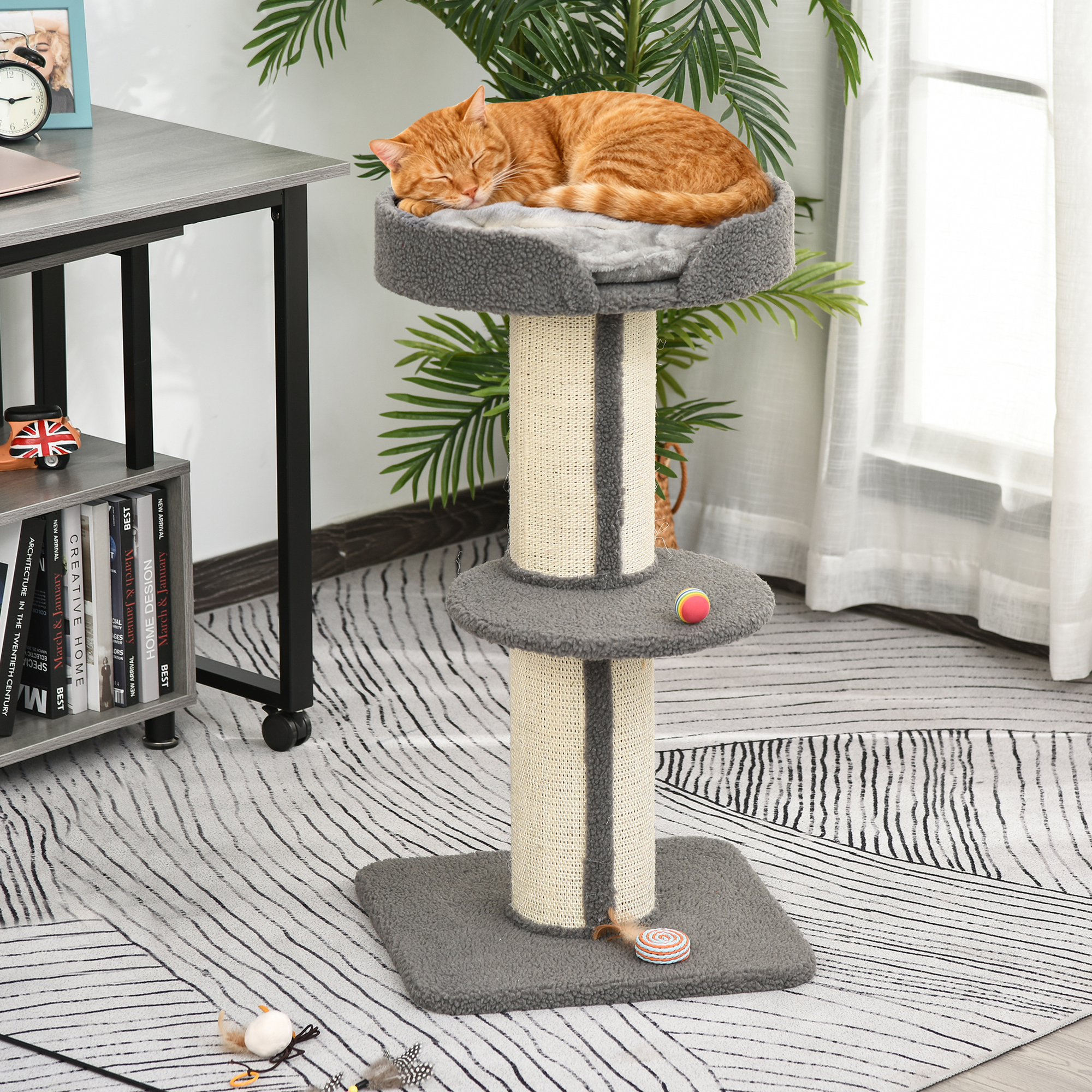 Pawhut Tiragraffo gatto multi-attività  albero per gatti 81cm  con cuscino colonna in sisal Agnello cashmere grigio Aosom
