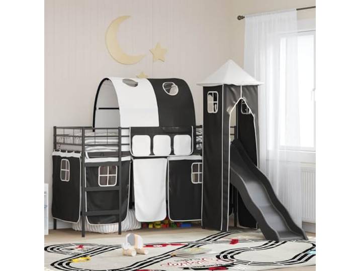 Mattschwarzer Metallrahmen mit Vorhängen Rutsche und Turm Hochbett 74 5 x Kinderloftbett Schwarz 74,5 x 190 cm Metall Hochbett mit Rutsche Turm Vorhang und Matratze für Kinderzimmer Spielen Schlafen