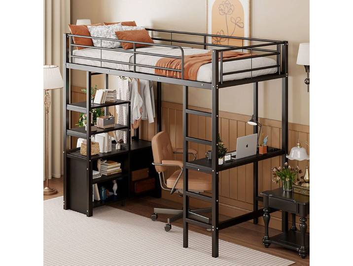 Lit Mezzanine 90x200 cm avec Bureau Prises USB Étagères Cadre de Lit Métallique Noir - Poteau pour Suspendre des Vêtements