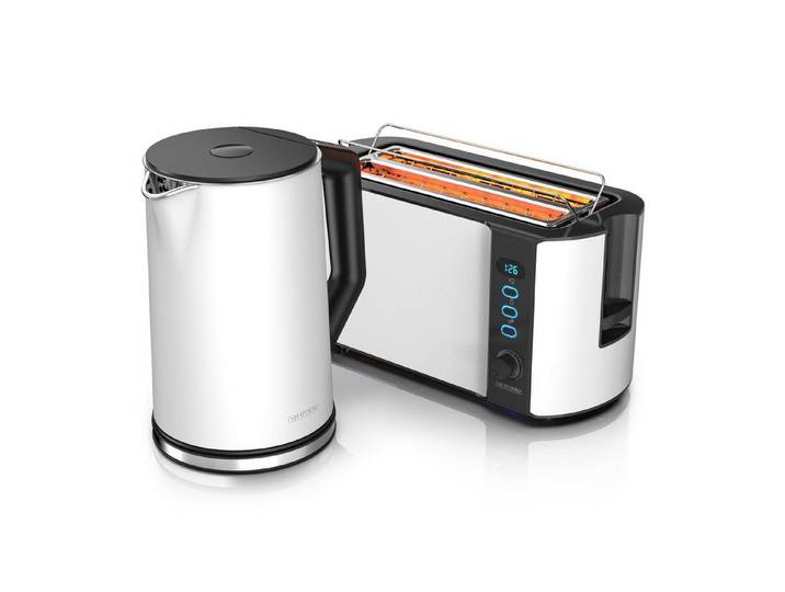 Arendo Frühstücks-Set Edelstahl Wasserkocher 1,5l, 4-Scheiben Langschlitz Toaster, Weiß Matt (2-tlg), BPA-frei, GS-geprüfte Sicherheit, perfekt fürs Familienfrühstück