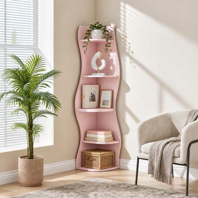 Kodotan sofa 5-Tier Corner Shelf, Modern Wavy Corner Bookshelf, Tall Corner Storage Rack, Space-Saving Display Stand with Rounded Edges