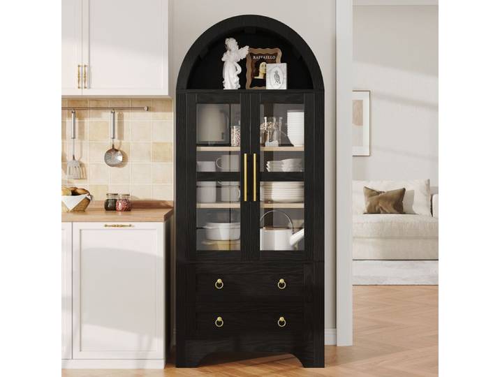 Vitrine Haute 180 cm - avec Portes Vitrées 2 Tiroirs Étagères Réglables - Armoire Vitrée Noir avec Arche