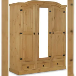 Ebuy24 Mexico Kleiderschrank 3 türig mit einer Spiegeltür, 2 getäfelten Türen und 3 Schubladen gelaugt, gewachst.