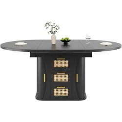 Merax Ausziehbarer Esstisch mit Rattan-Schubladen, runder Esstisch, MDF-Holzoptik, 118-158 x 118 x 77 cm, Schwarz