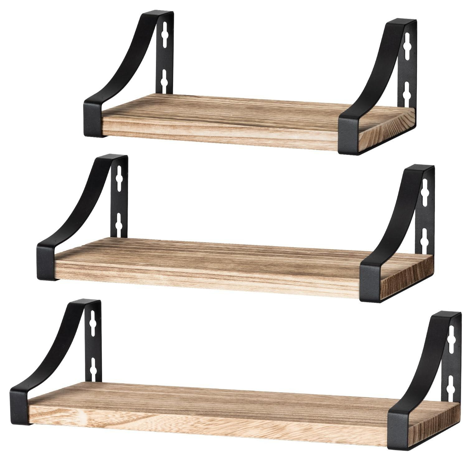 Set van 3 rechte houten zwevende wandplanken voor in de badkamer, slaapkamer, keuken of woonkamer