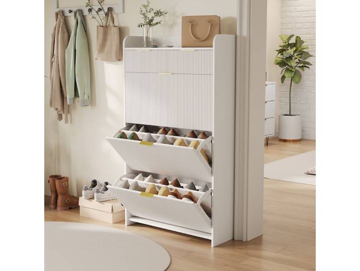 Meuble a Chaussure Meubles pour Entrée Meuble Chaussure Bois Armoire a Chaussures avec 3 Abattants et 2 Tiroirs Blanc