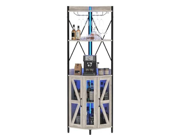 GAOMON Eck-Barschrank mit Steckdose, industrieller Weinschrank mit LED-Streifen und Glashalter, 4 Ebenen, Likörschrank, Bar-Einheit für Zuhause, Eckvitrine für kleinen Raum, Grau