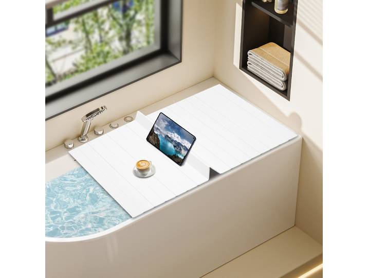 Couverture de baignoire, plateau de baignoire pliable, planche de baignoire 70x170x0.65cm, grain de bois blanc, couvercle de baignoire pour la relaxation, accessoire de salle de bain
